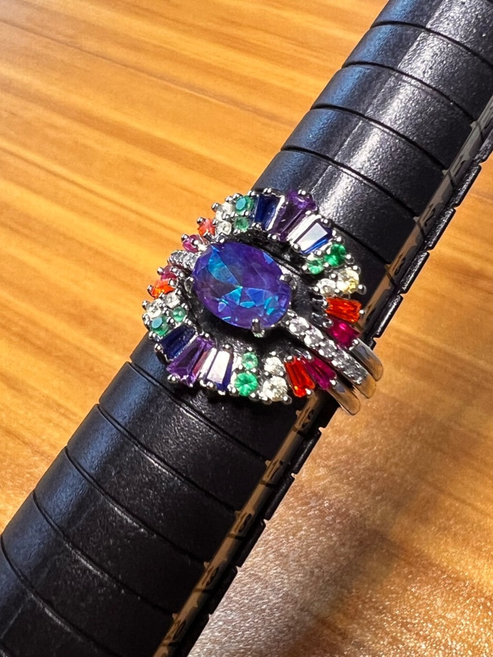 Bomb Party Size 7 Revealed BP RBP Blue Centre 3Pc Autism Awareness Ring Rhodium